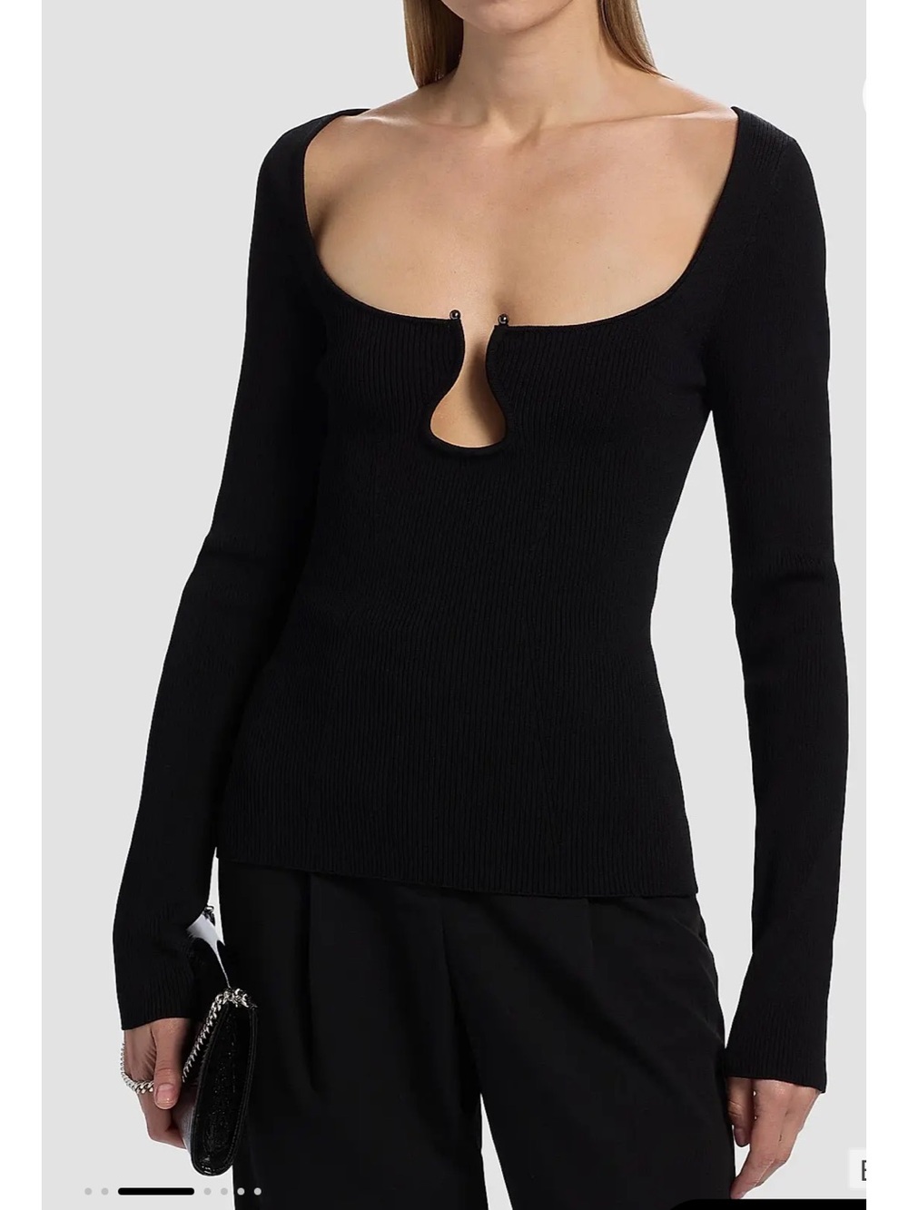 Ramy Brook Lylia U Ring Black Ribbed Long Sleeve Top NWT Ret $345
